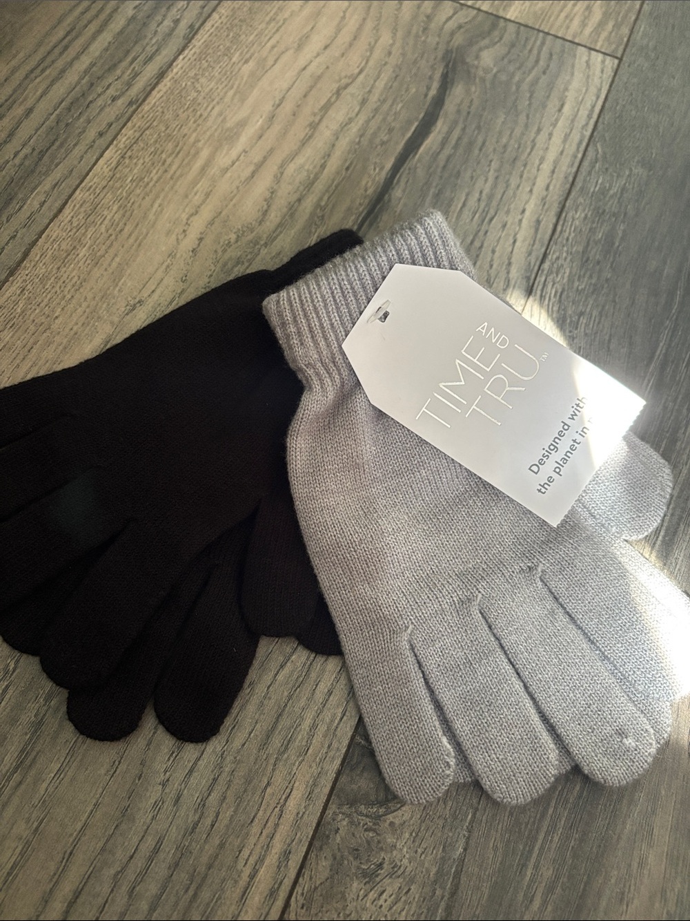 Time and Tru Black and Light Gray Knit Gloves Pair